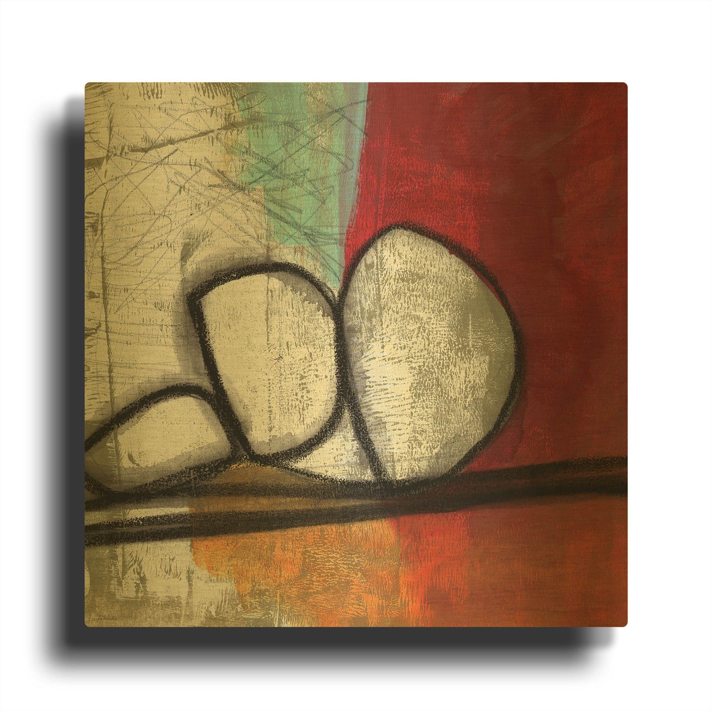 'Red Abstract' By Linda Woods Gold Metal Wall Art