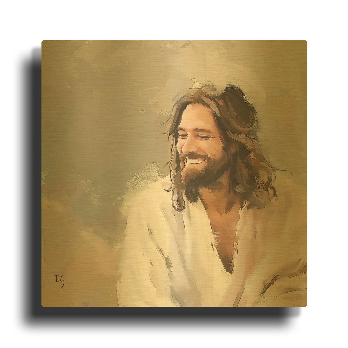 'Joyful Grace - Smiling Jesus Christ' By Ivan Guaderrama Gold Metal Wall Art