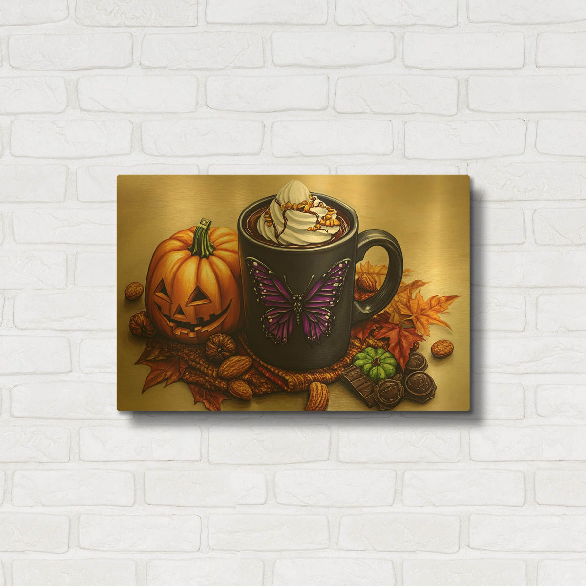 'Black Chocolate Cup With Purple Butterfly' By Momart Gold Metal Wall Art