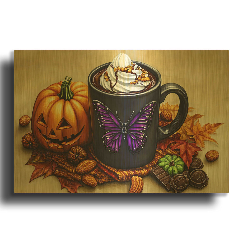 'Black Chocolate Cup With Purple Butterfly' By Momart Gold Metal Wall Art