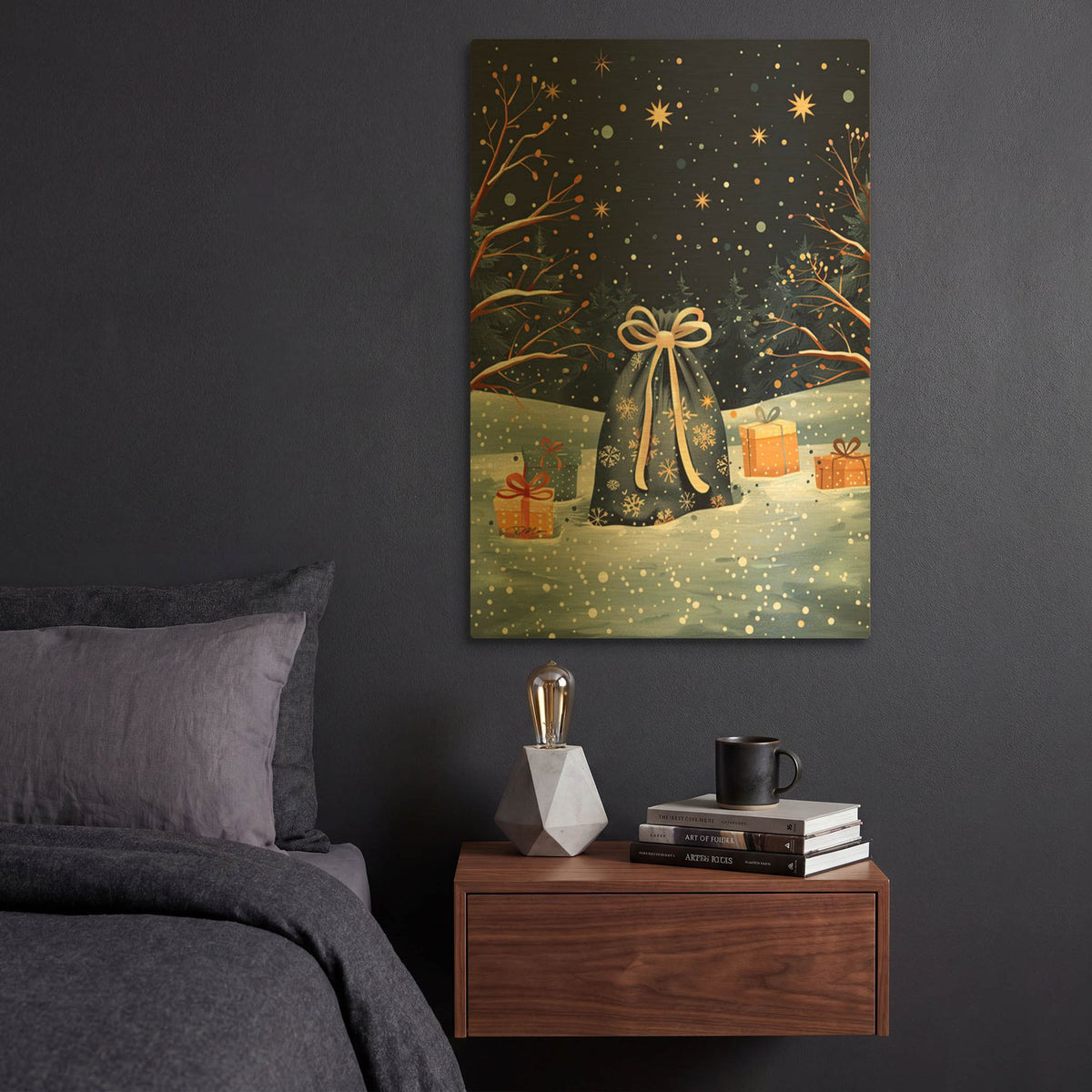 'Blue Christmas Sack And Gifts' By Momart Gold Metal Wall Art