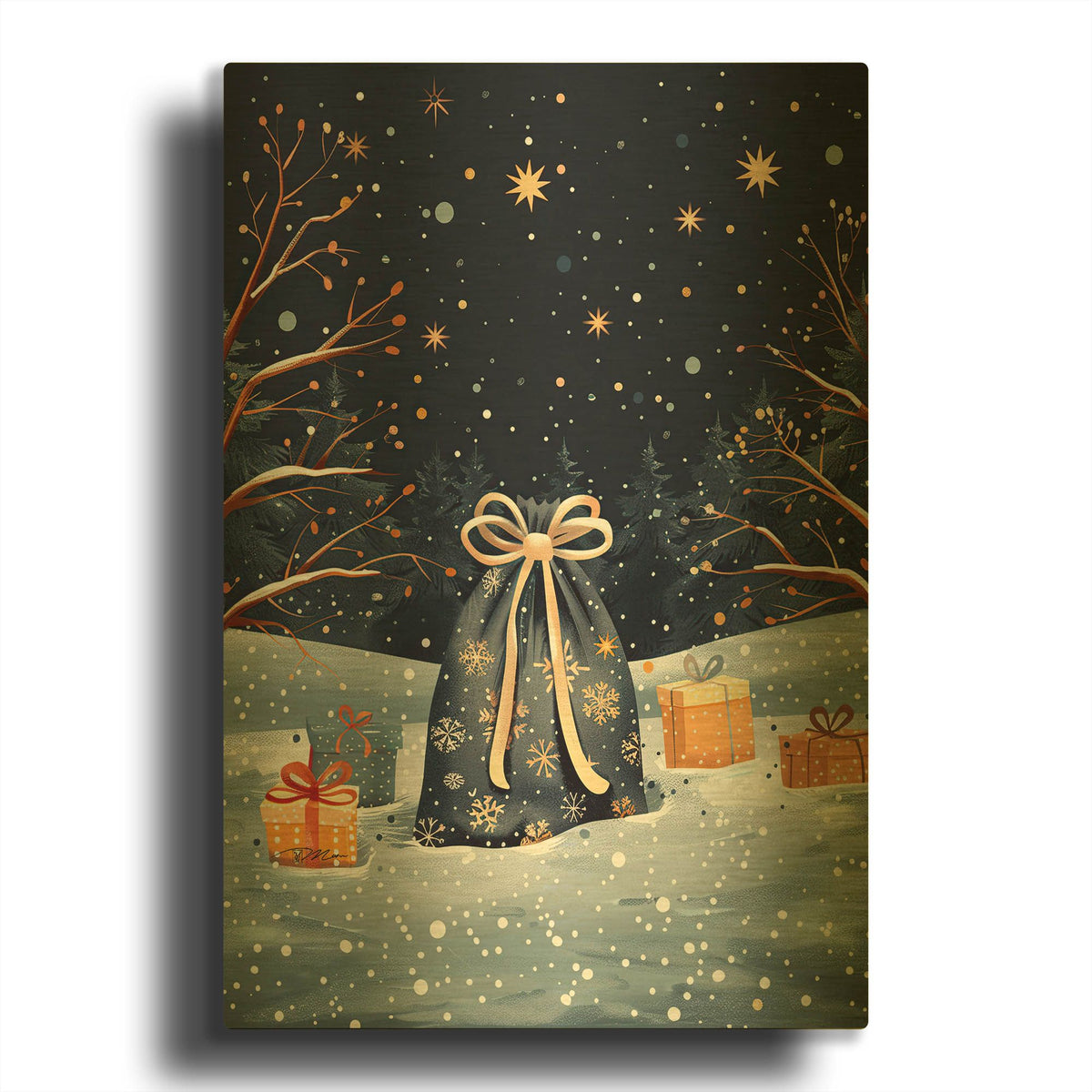 'Blue Christmas Sack And Gifts' By Momart Gold Metal Wall Art