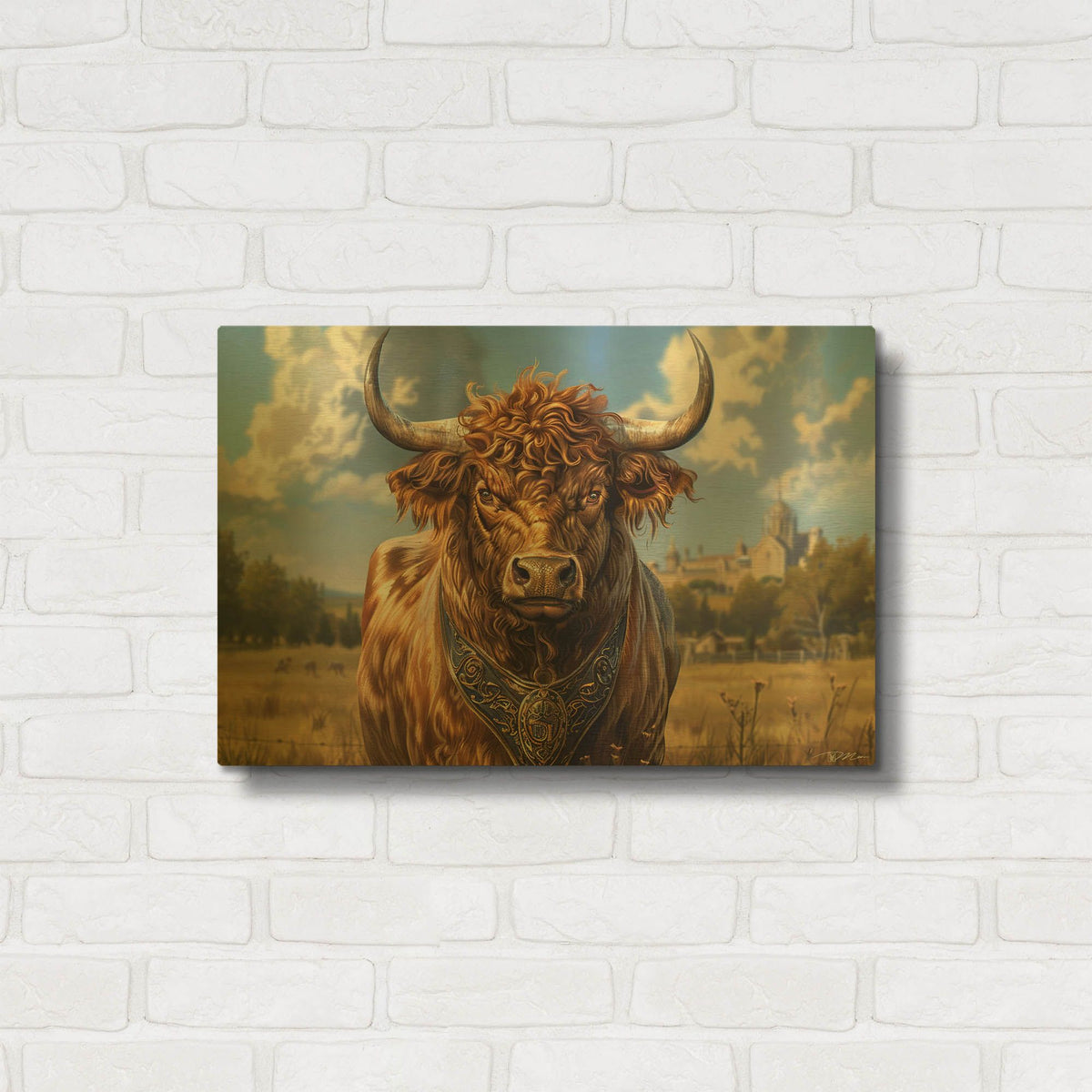 'Bull In The Country' By Momart Gold Metal Wall Art
