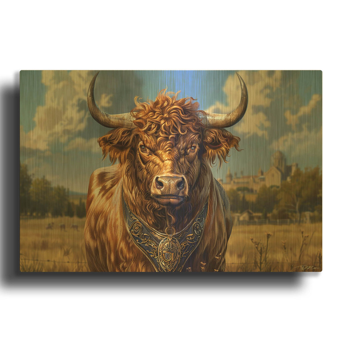 'Bull In The Country' By Momart Gold Metal Wall Art