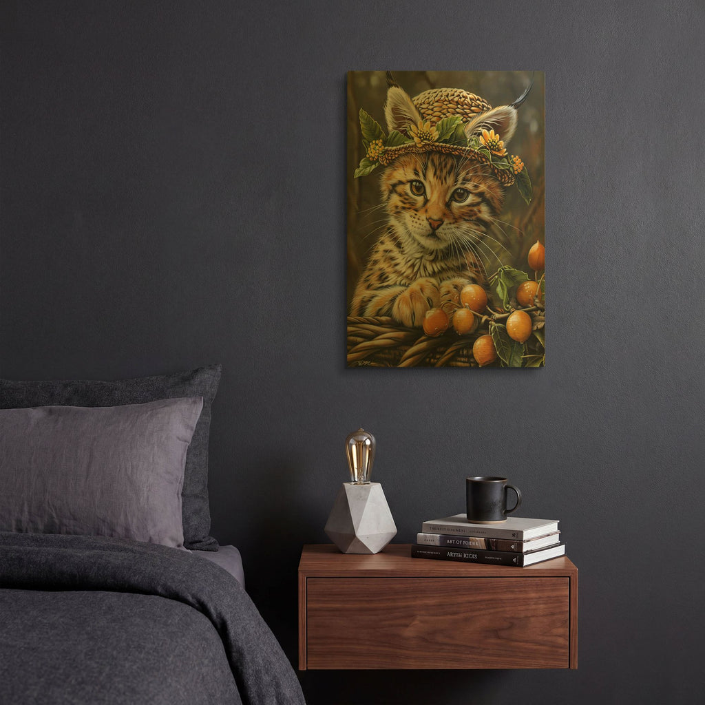 'Cat Lynx With Berries' By Momart Gold Metal Wall Art