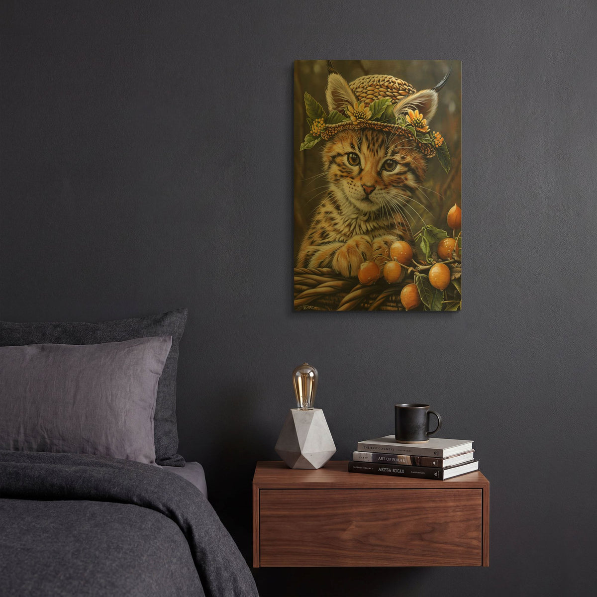 'Cat Lynx With Berries' By Momart Gold Metal Wall Art