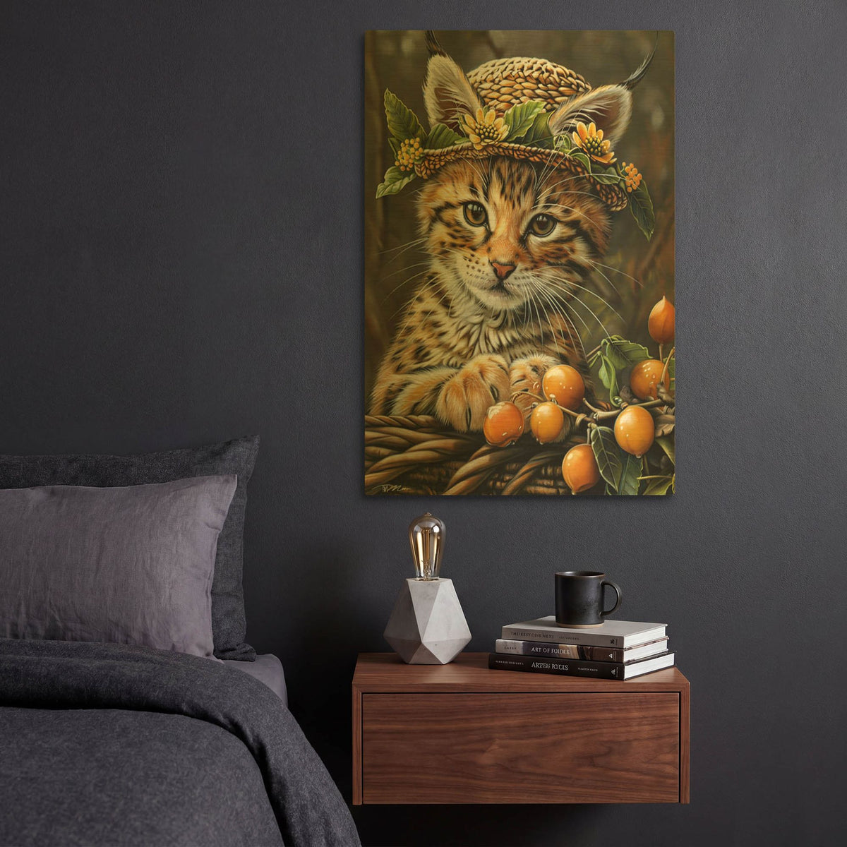 'Cat Lynx With Berries' By Momart Gold Metal Wall Art