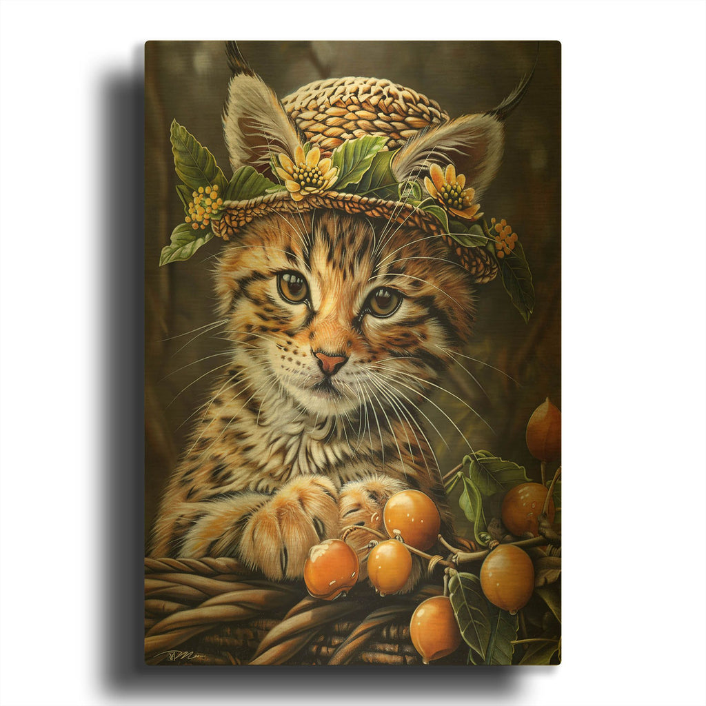 'Cat Lynx With Berries' By Momart Gold Metal Wall Art