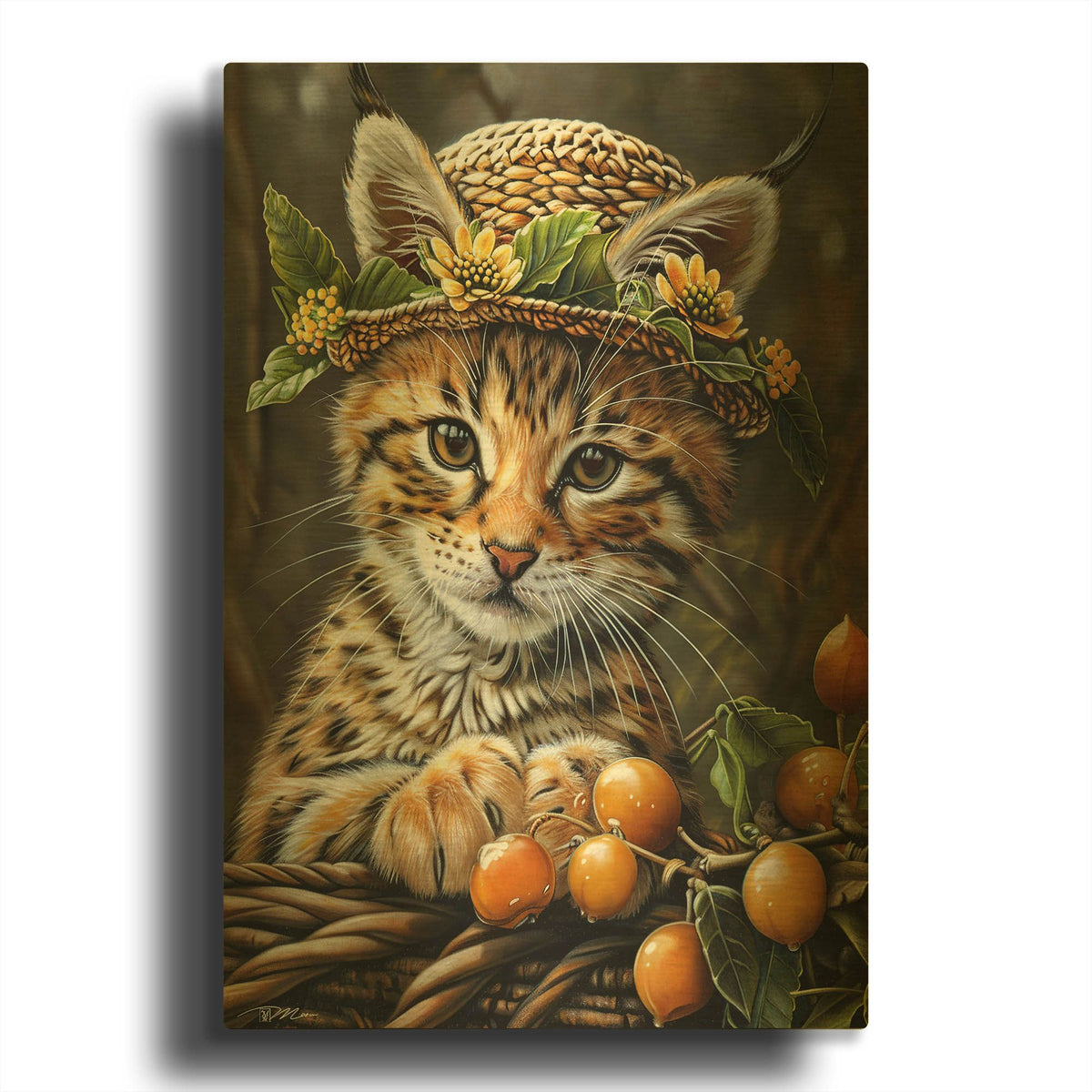 'Cat Lynx With Berries' By Momart Gold Metal Wall Art