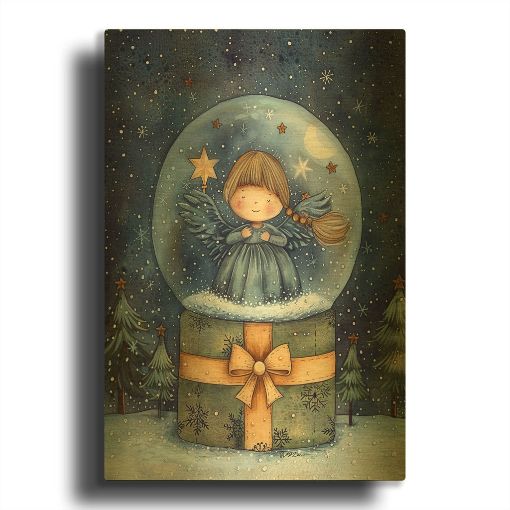 'Christmas Globe With Blue Angel' By Momart Gold Metal Wall Art