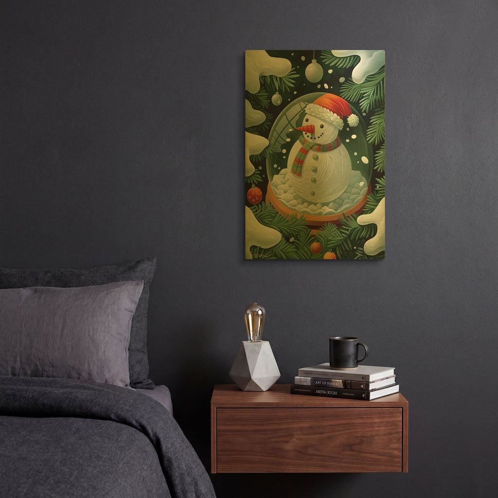 'Christmas Globe With Green And Orange Snowman' By Momart Gold Metal Wall Art