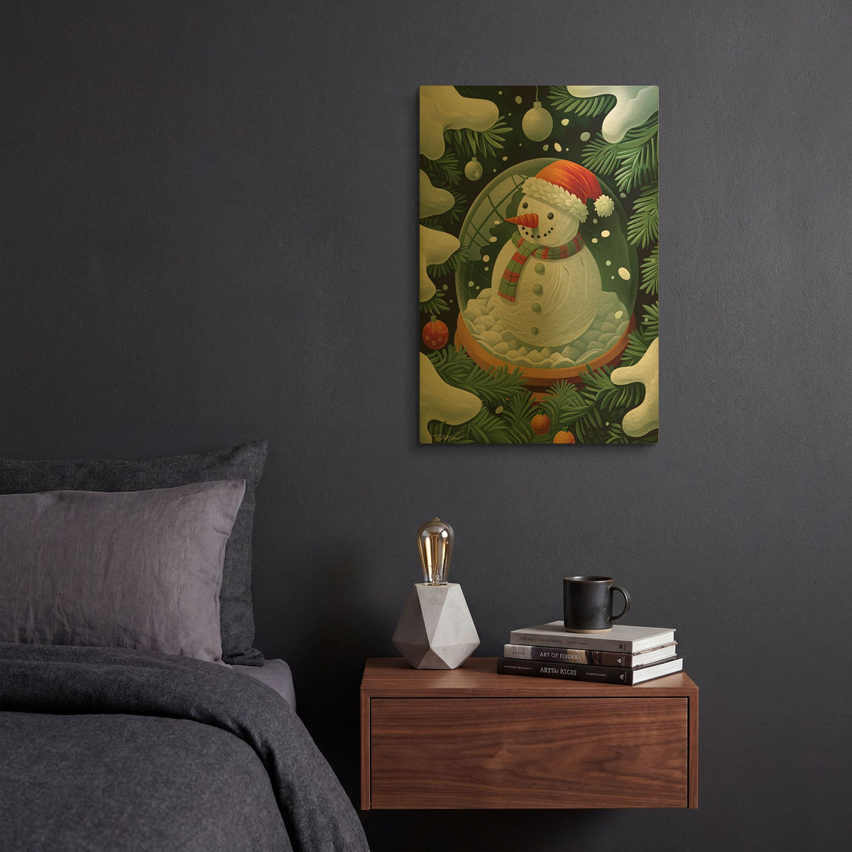 'Christmas Globe With Green And Orange Snowman' By Momart Gold Metal Wall Art