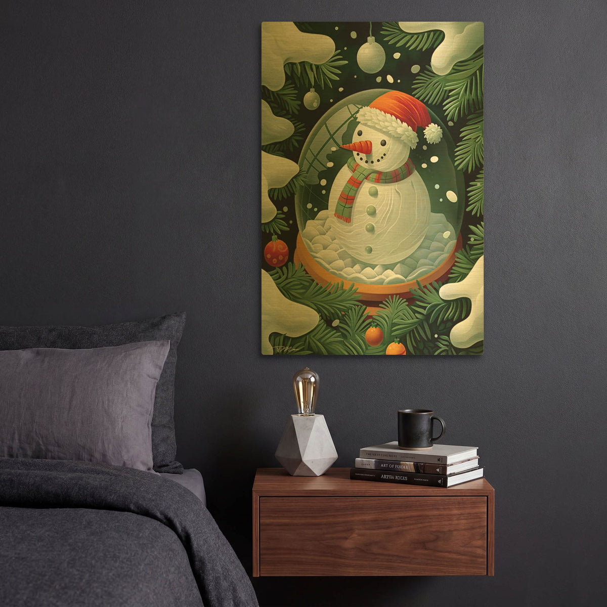 'Christmas Globe With Green And Orange Snowman' By Momart Gold Metal Wall Art