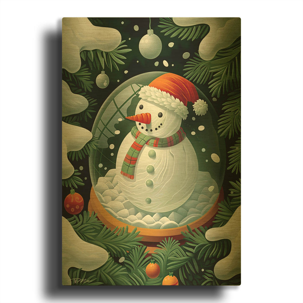 'Christmas Globe With Green And Orange Snowman' By Momart Gold Metal Wall Art
