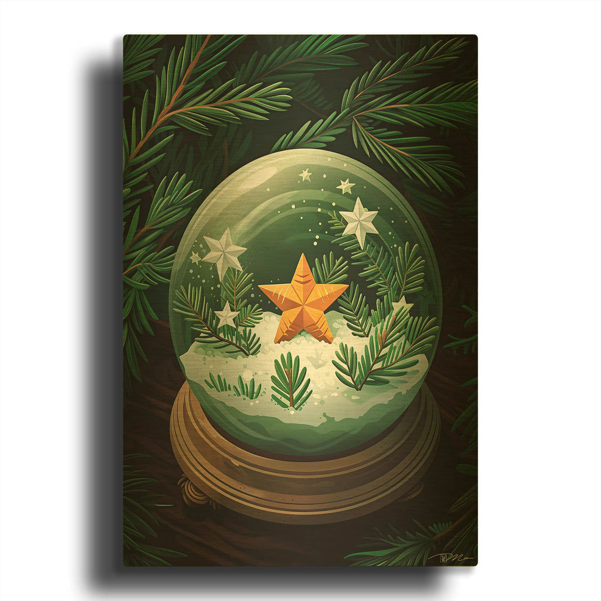 'Christmas Globe With Orange And Green Star' By Momart Gold Metal Wall Art