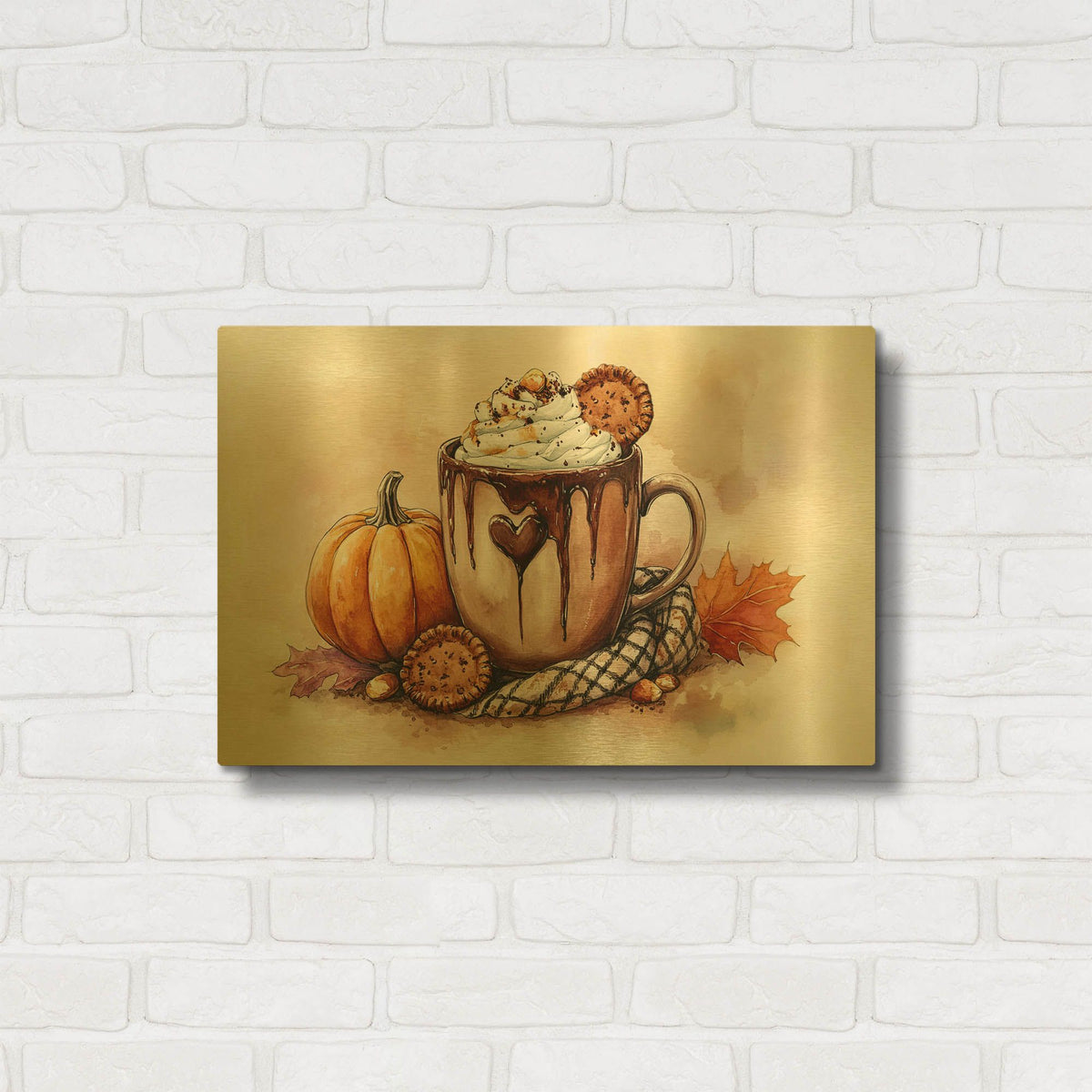 'Cup Of Chocolate And Cream With Pumpkin And Cookies' By Momart Gold Metal Wall Art
