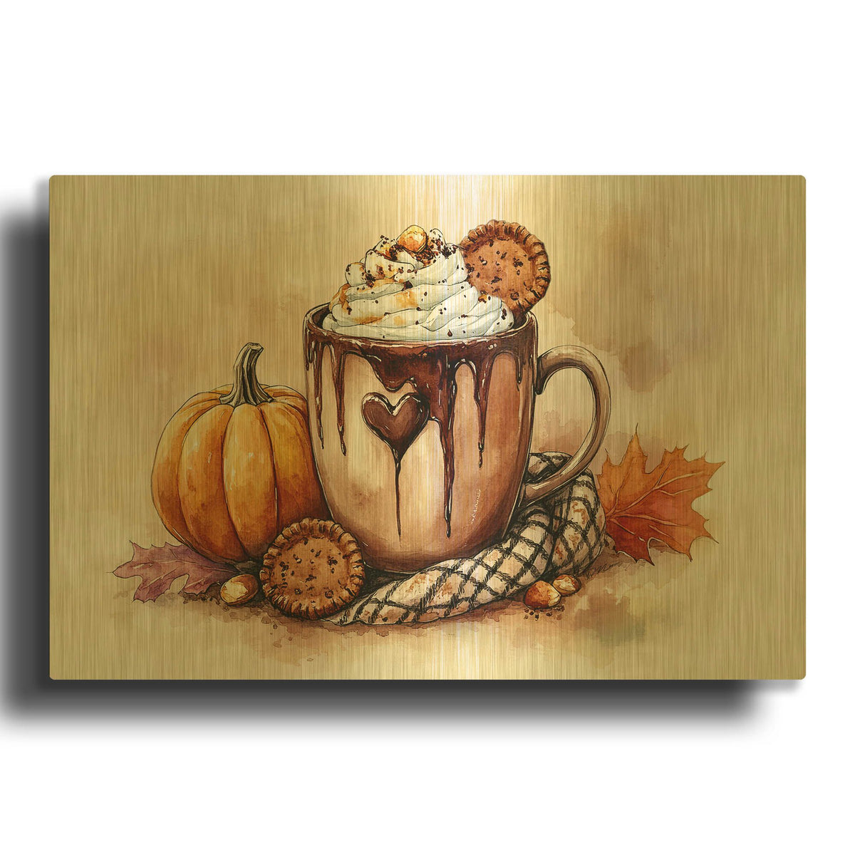 'Cup Of Chocolate And Cream With Pumpkin And Cookies' By Momart Gold Metal Wall Art