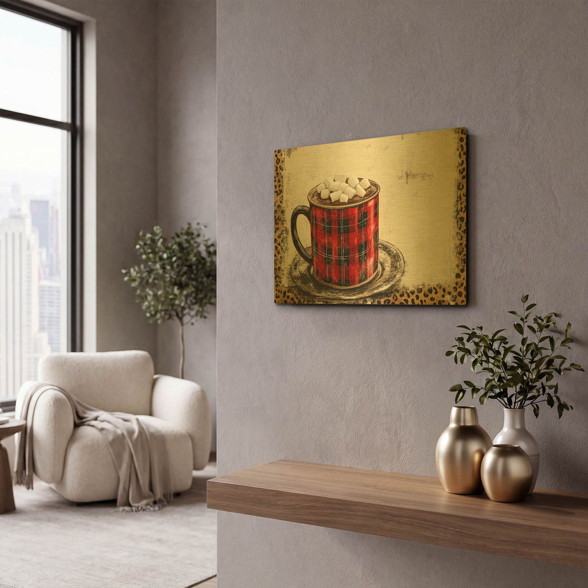 'Hot Chocolate Cup Red Light Background' By Momart Gold Metal Wall Art