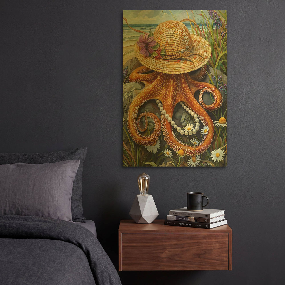 'Miss Octopus With Hat And Pearls' By Momart Gold Metal Wall Art