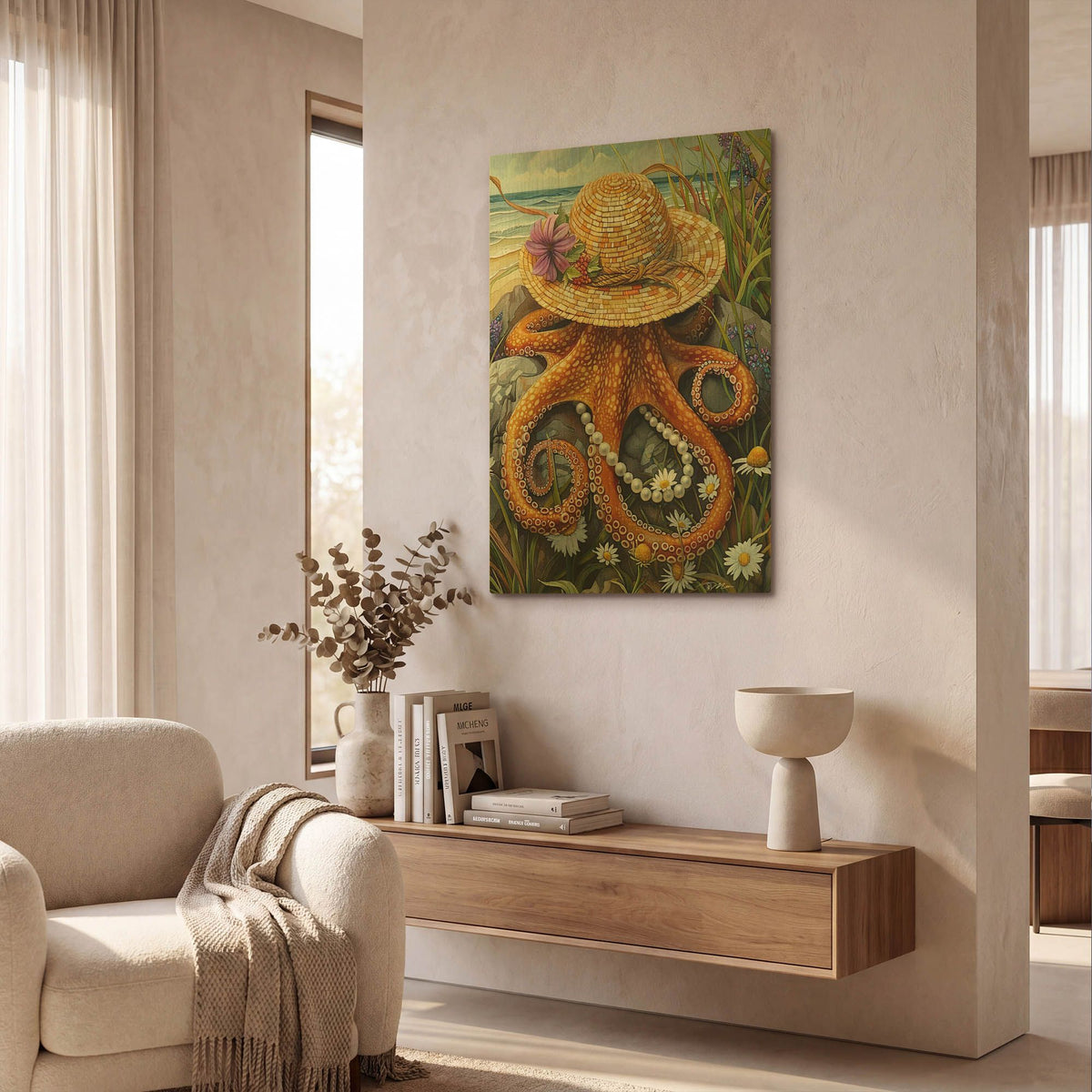 'Miss Octopus With Hat And Pearls' By Momart Gold Metal Wall Art
