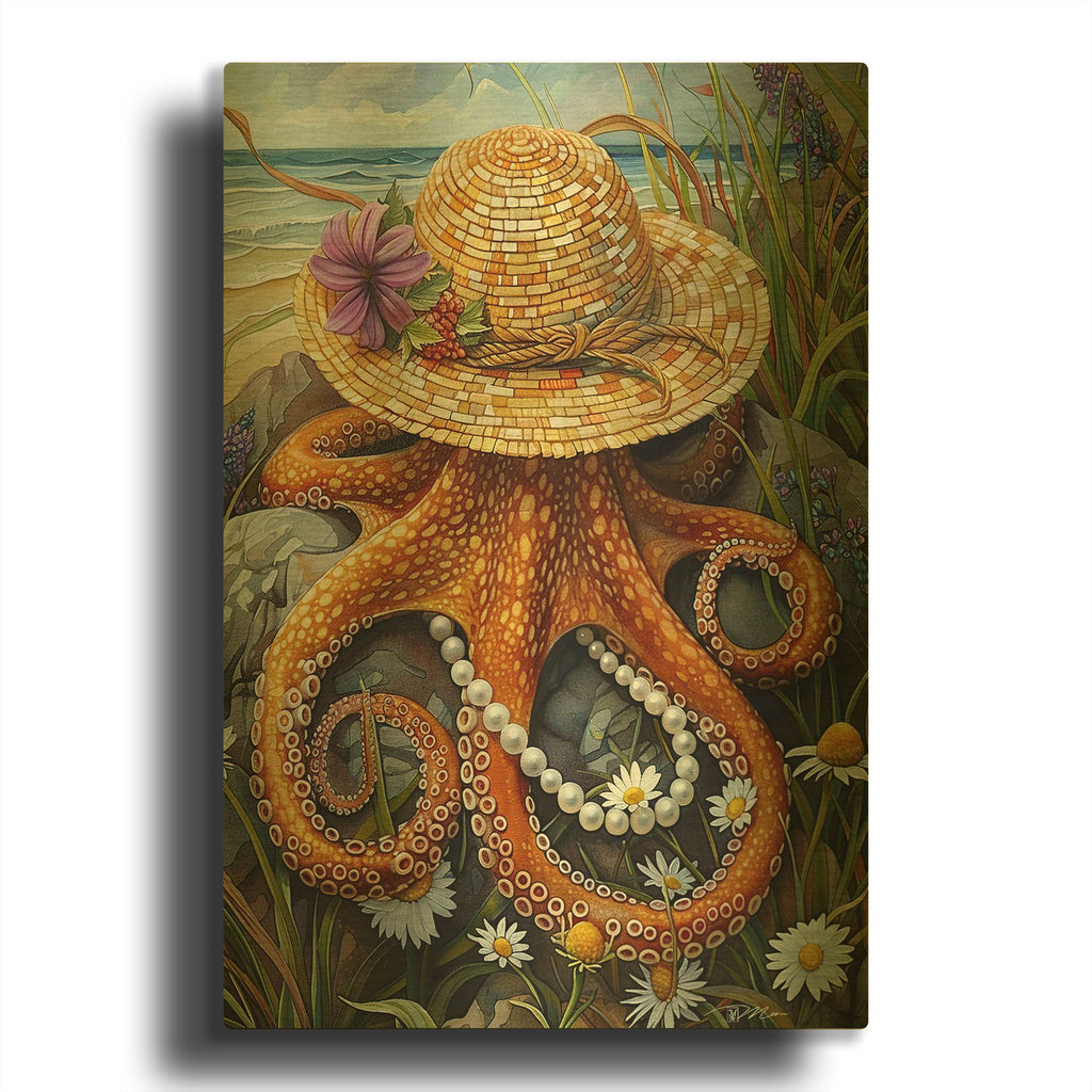 'Miss Octopus With Hat And Pearls' By Momart Gold Metal Wall Art