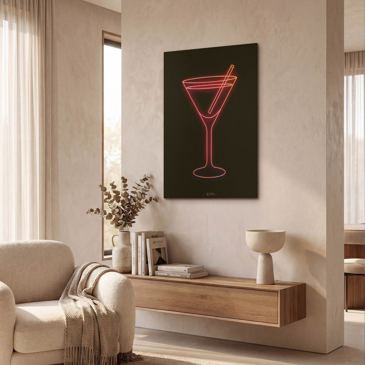 'Neon Martini Glass 1' By Momart Gold Metal Wall Art