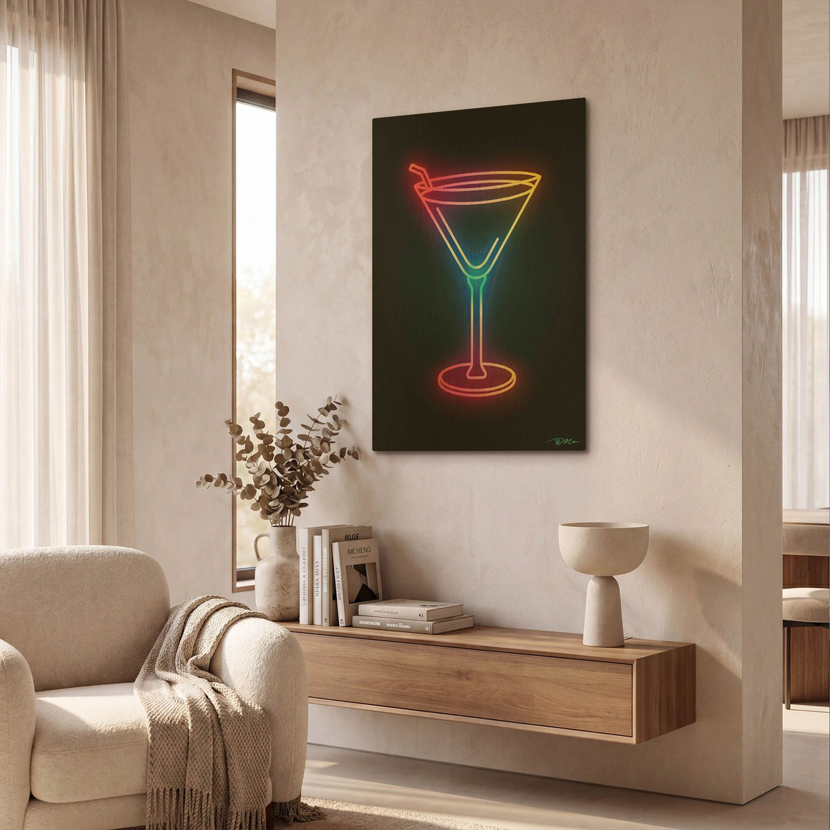 'Neon Martini Glass 2' By Momart Gold Metal Wall Art