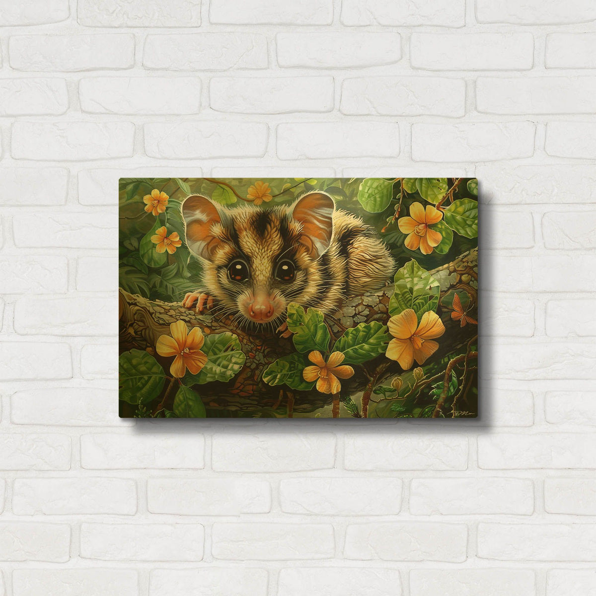 'Opossum Between Flowers' By Momart Gold Metal Wall Art