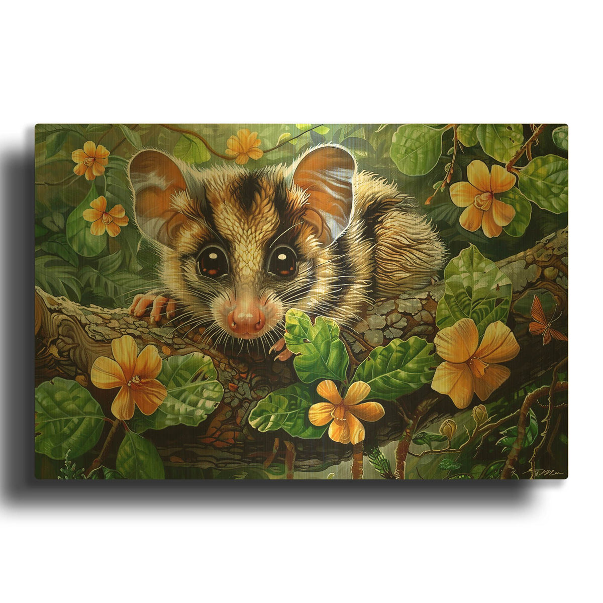 'Opossum Between Flowers' By Momart Gold Metal Wall Art