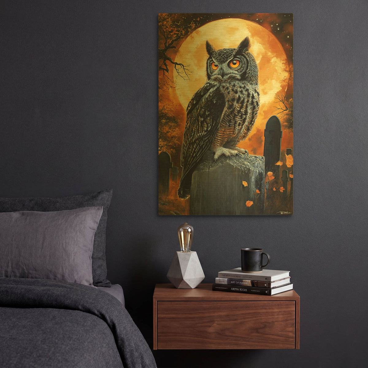 'Owl On The Tombstone' By Momart Gold Metal Wall Art