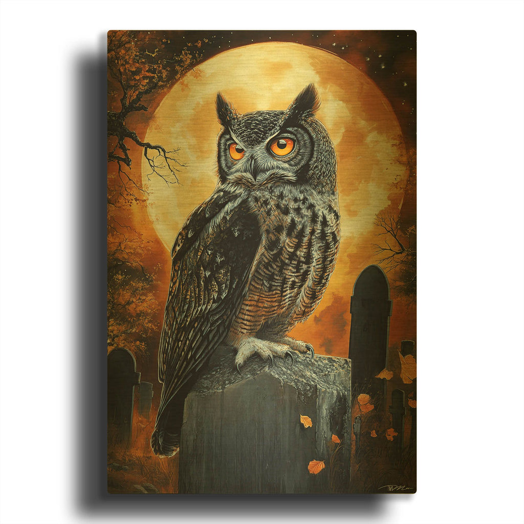 'Owl On The Tombstone' By Momart Gold Metal Wall Art