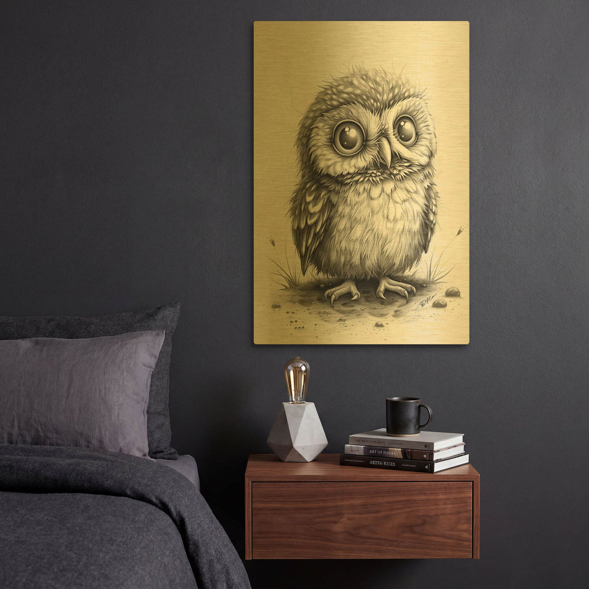 'Pencil Drawing Of A Small Owl' By Momart Gold Metal Wall Art