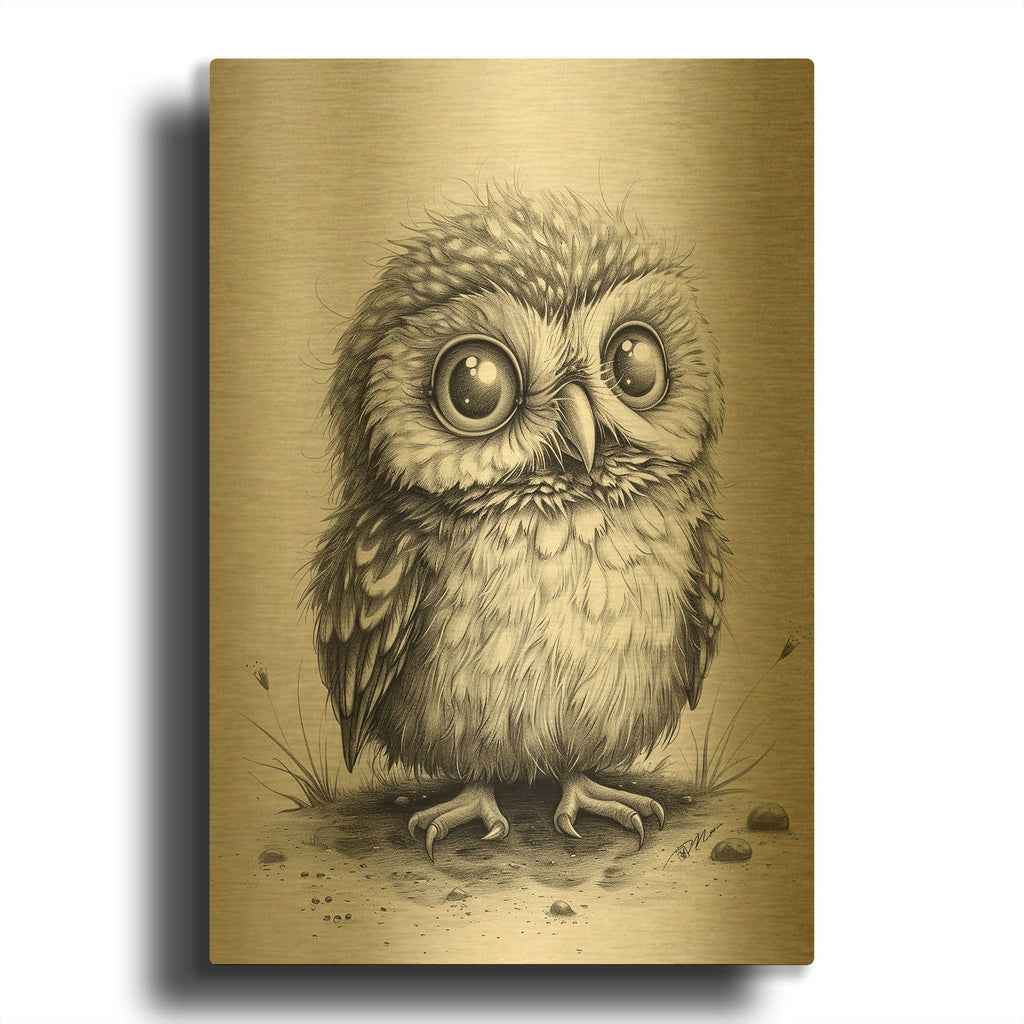 'Pencil Drawing Of A Small Owl' By Momart Gold Metal Wall Art