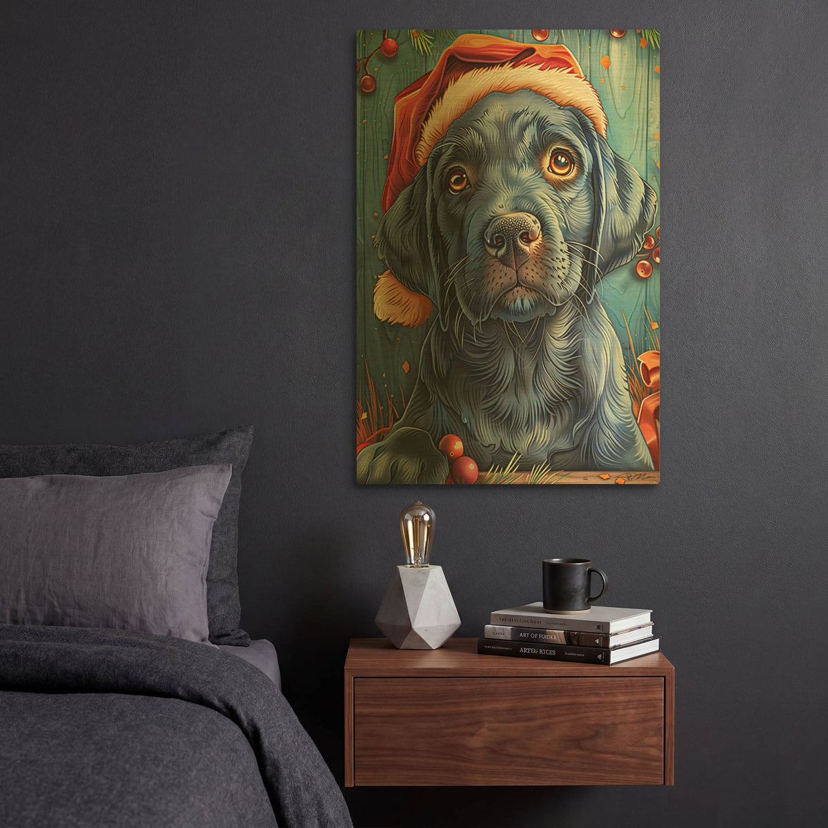 'Puppy Labrador Black Christmas' By Momart Gold Metal Wall Art