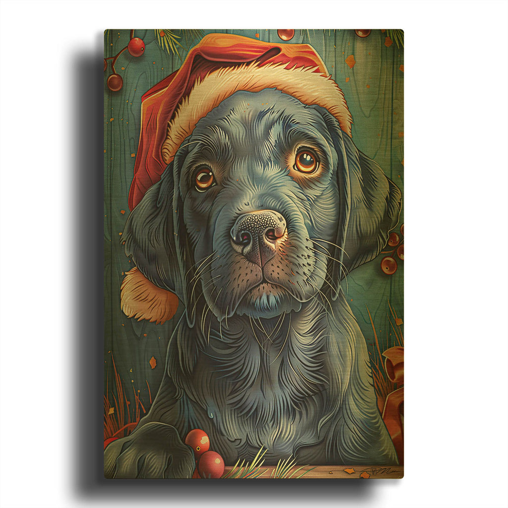 'Puppy Labrador Black Christmas' By Momart Gold Metal Wall Art