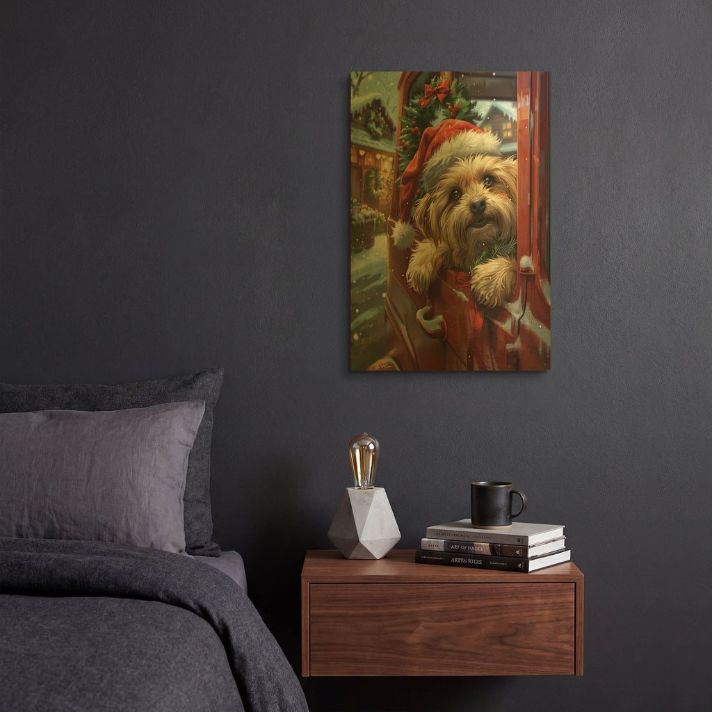 'Puppy With Santa Hat On A Red Pickup 1' By Momart Gold Metal Wall Art