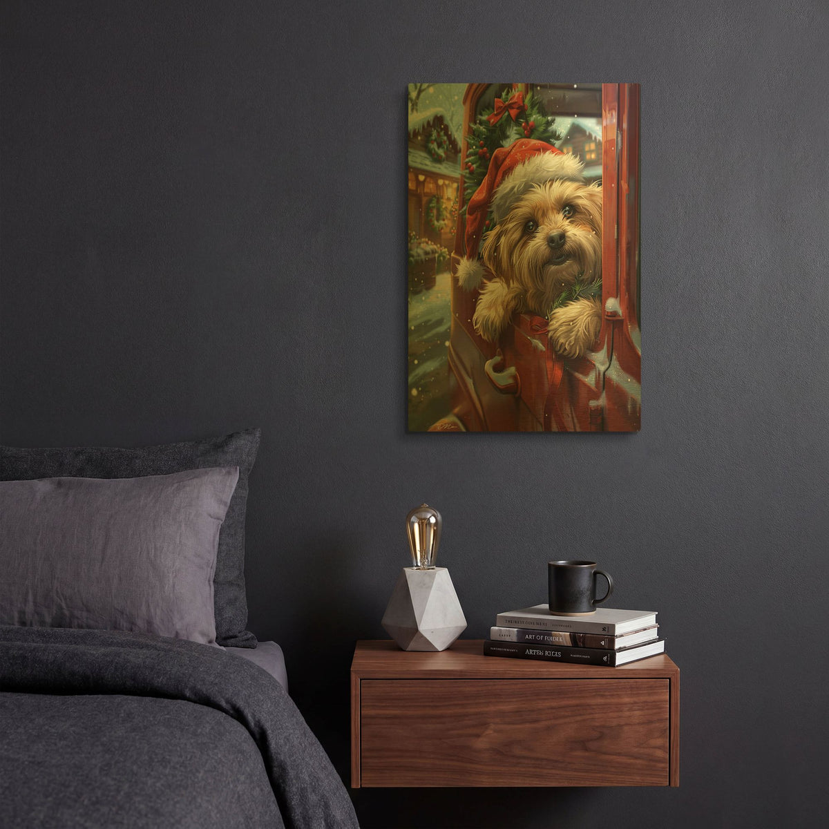 'Puppy With Santa Hat On A Red Pickup 1' By Momart Gold Metal Wall Art