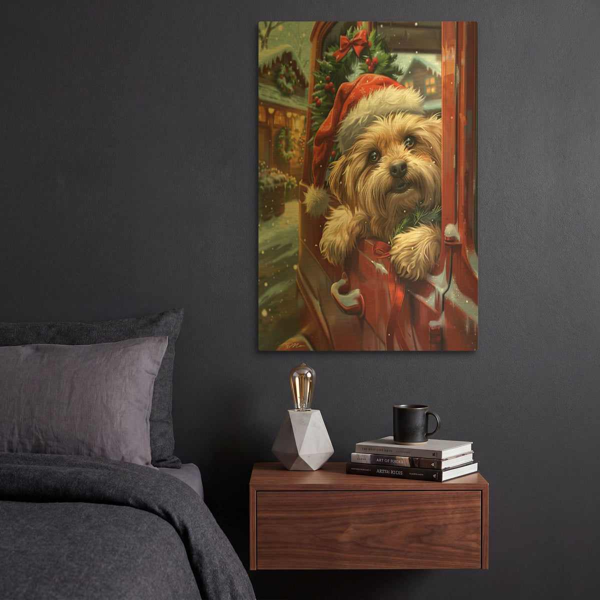 'Puppy With Santa Hat On A Red Pickup 1' By Momart Gold Metal Wall Art