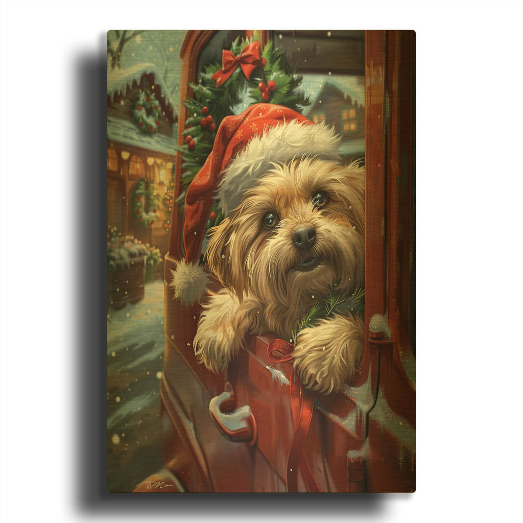 'Puppy With Santa Hat On A Red Pickup 1' By Momart Gold Metal Wall Art