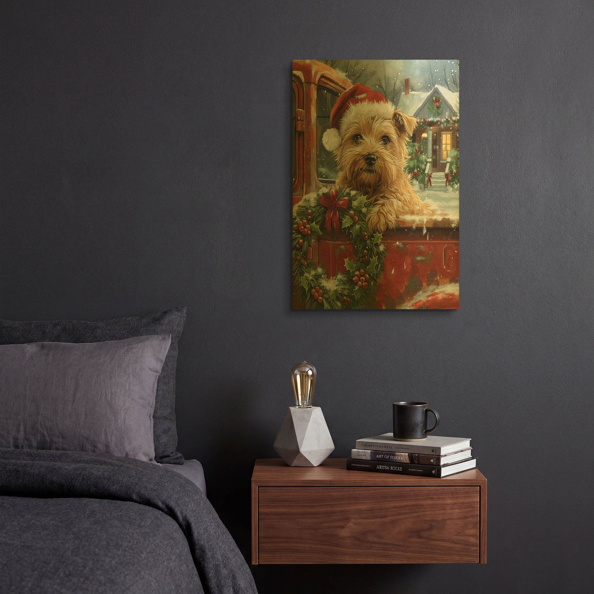 'Puppy With Santa Hat On A Red Pickup 2' By Momart Gold Metal Wall Art
