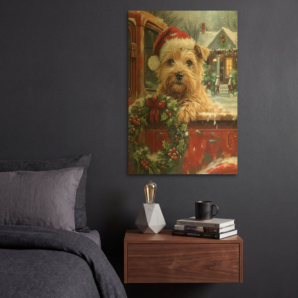 'Puppy With Santa Hat On A Red Pickup 2' By Momart Gold Metal Wall Art