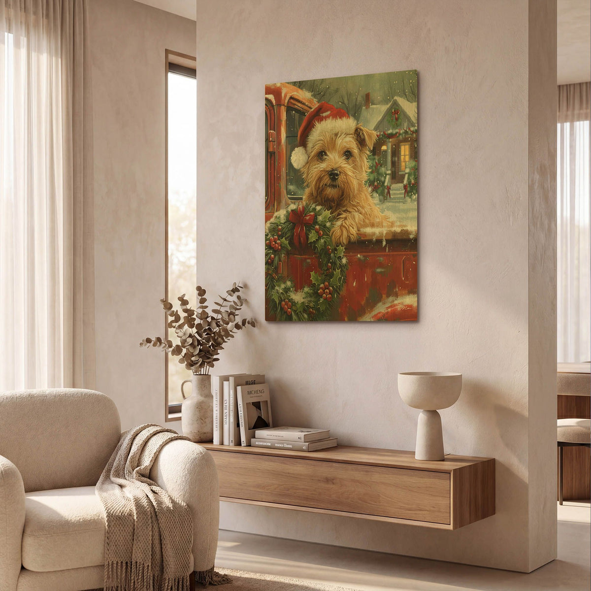 'Puppy With Santa Hat On A Red Pickup 2' By Momart Gold Metal Wall Art