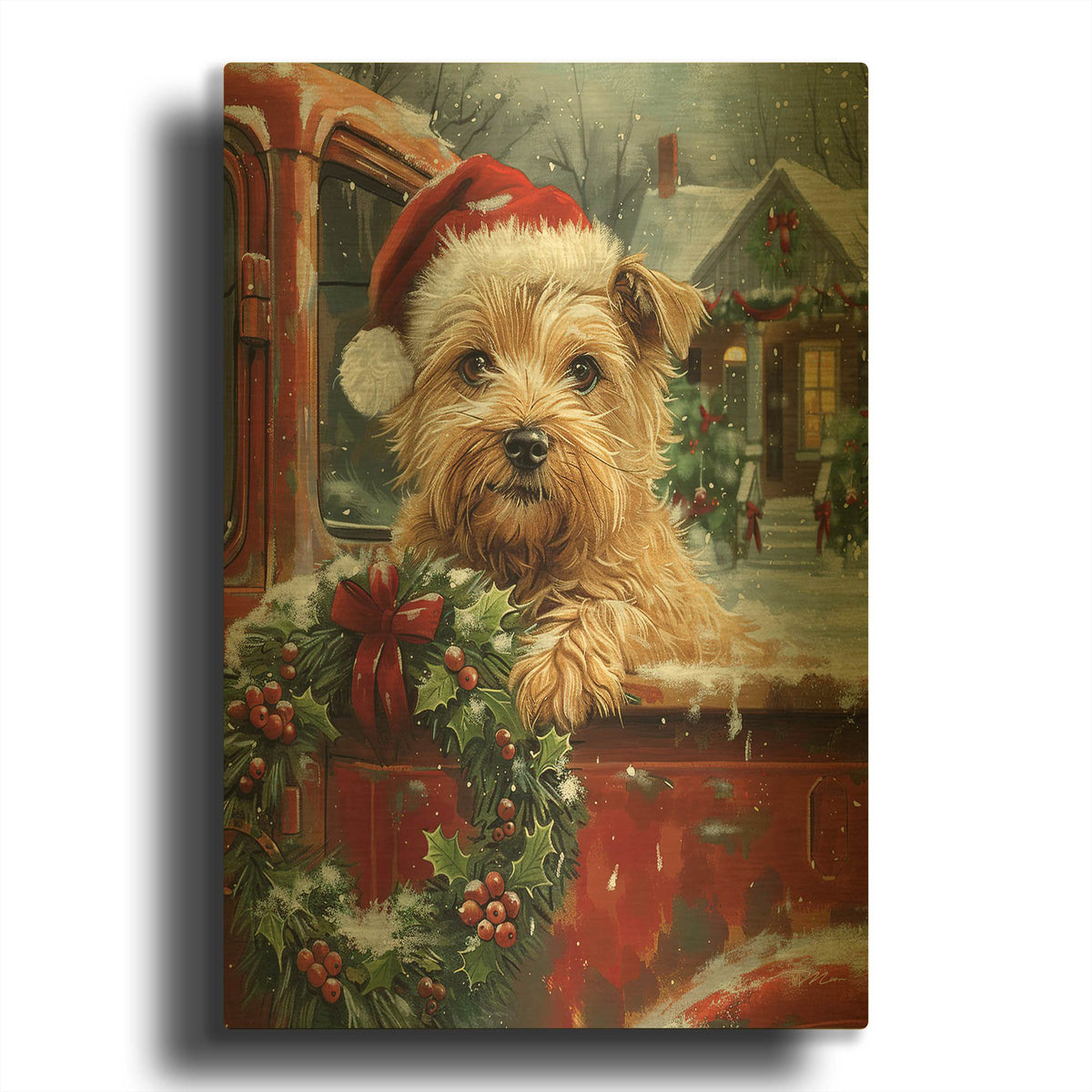 'Puppy With Santa Hat On A Red Pickup 2' By Momart Gold Metal Wall Art