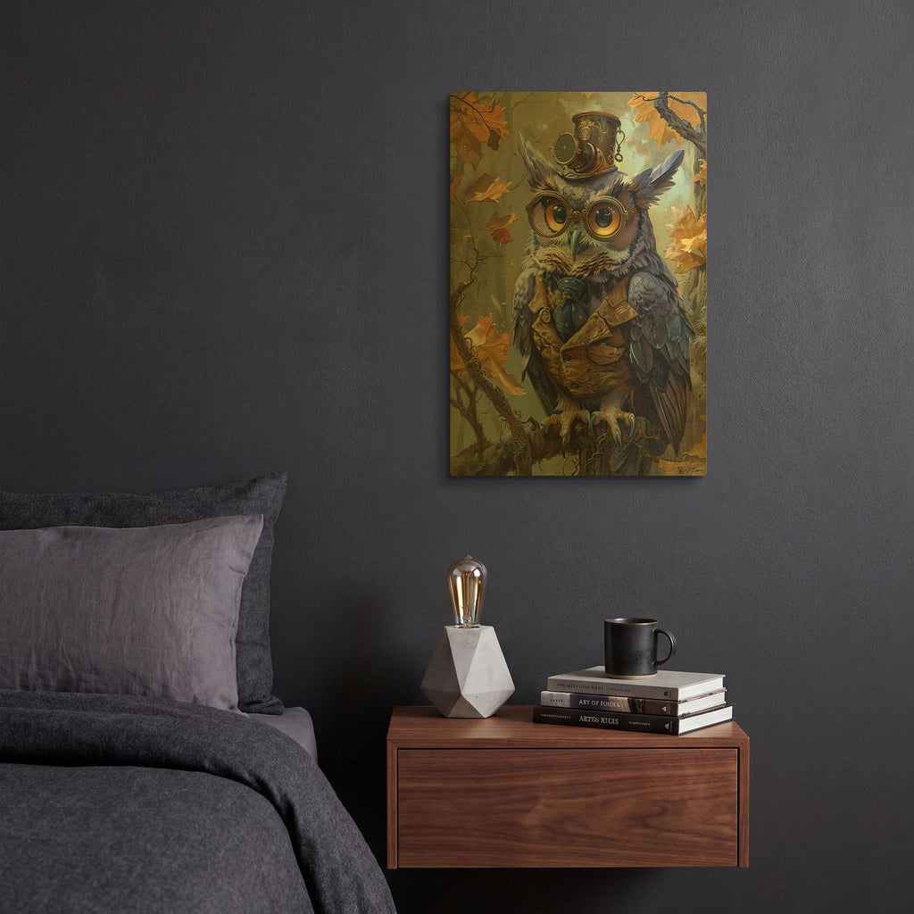 'Purple Owl With Waistcoat And Tie' By Momart Gold Metal Wall Art