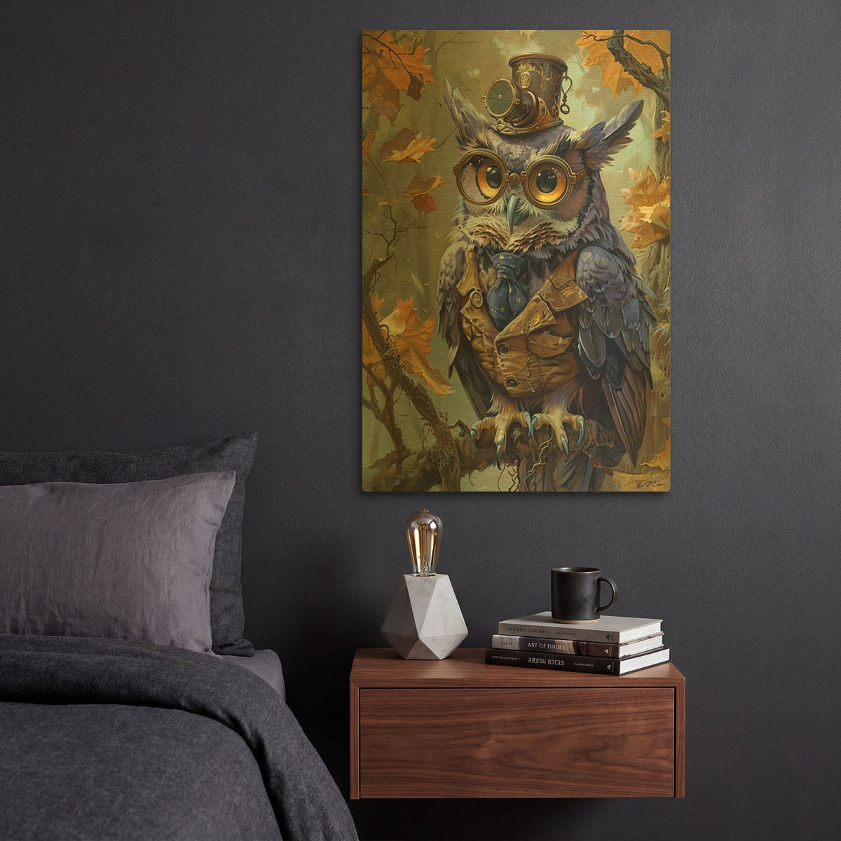 'Purple Owl With Waistcoat And Tie' By Momart Gold Metal Wall Art