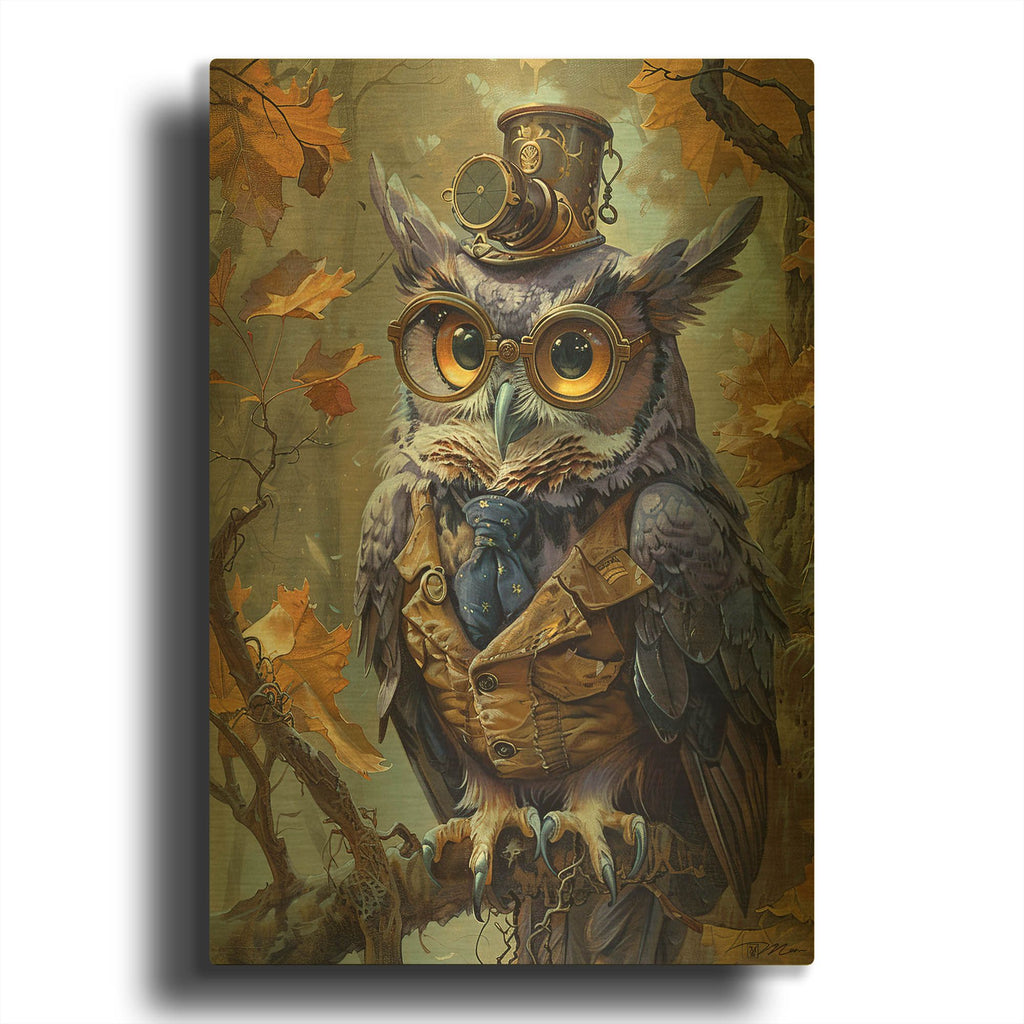 'Purple Owl With Waistcoat And Tie' By Momart Gold Metal Wall Art