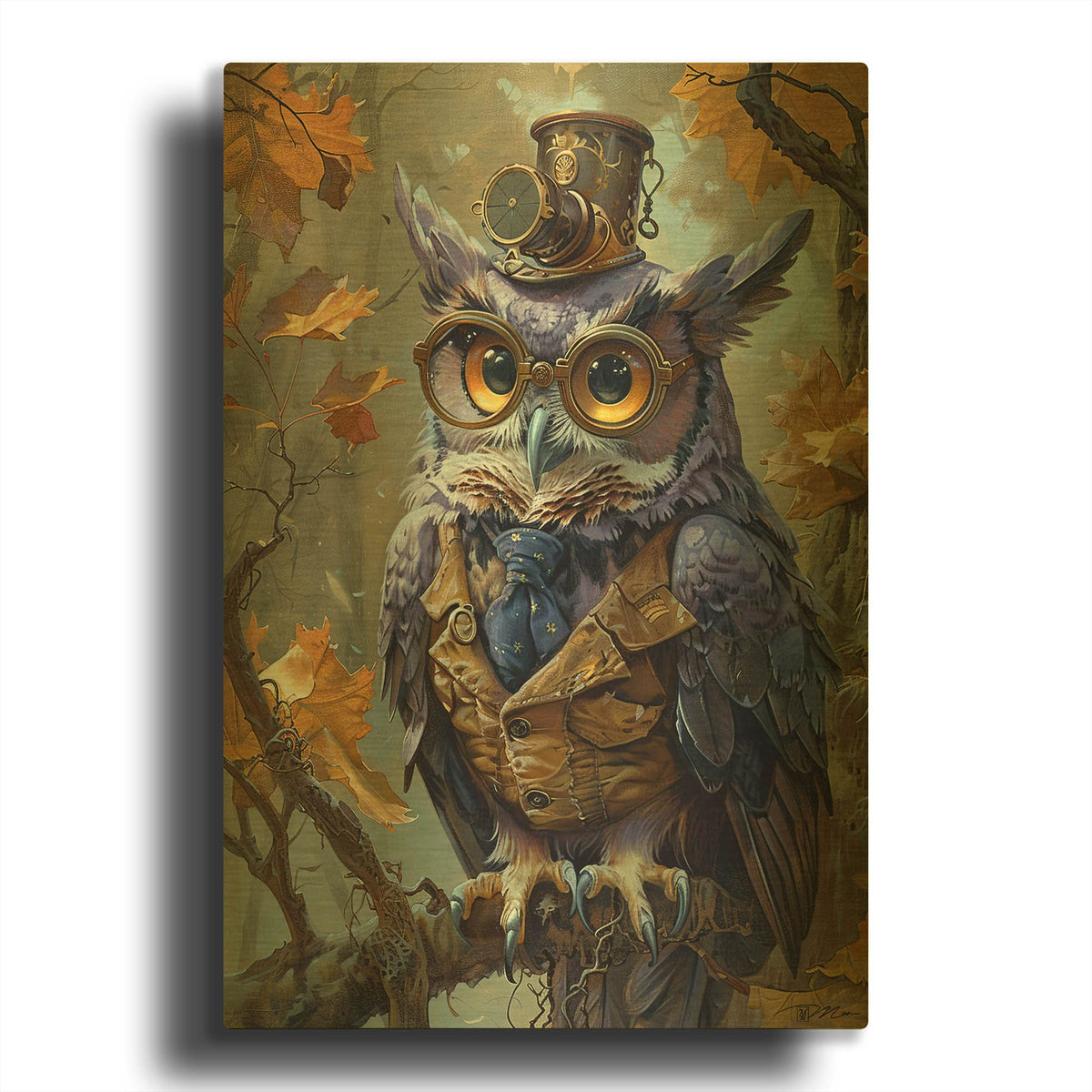 'Purple Owl With Waistcoat And Tie' By Momart Gold Metal Wall Art