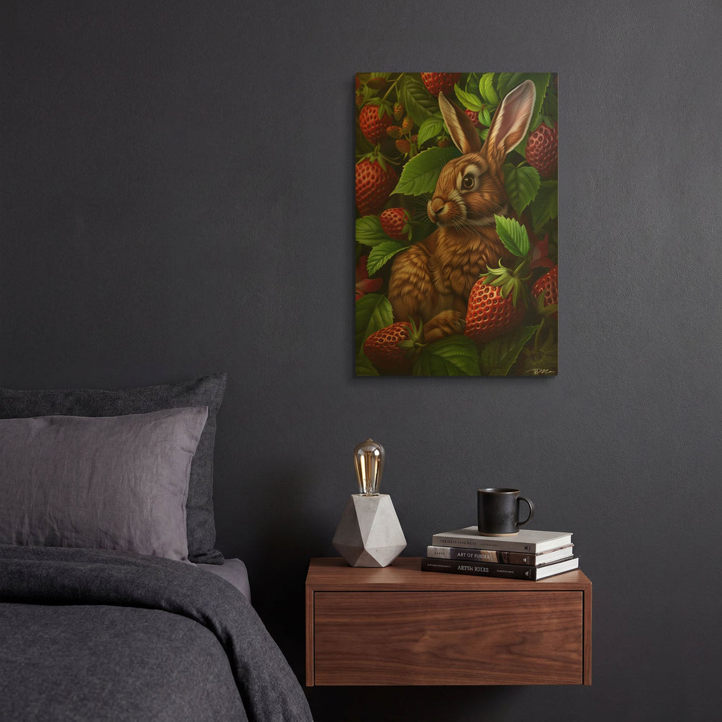 'Rabbit Among The Strawberries' By Momart Gold Metal Wall Art