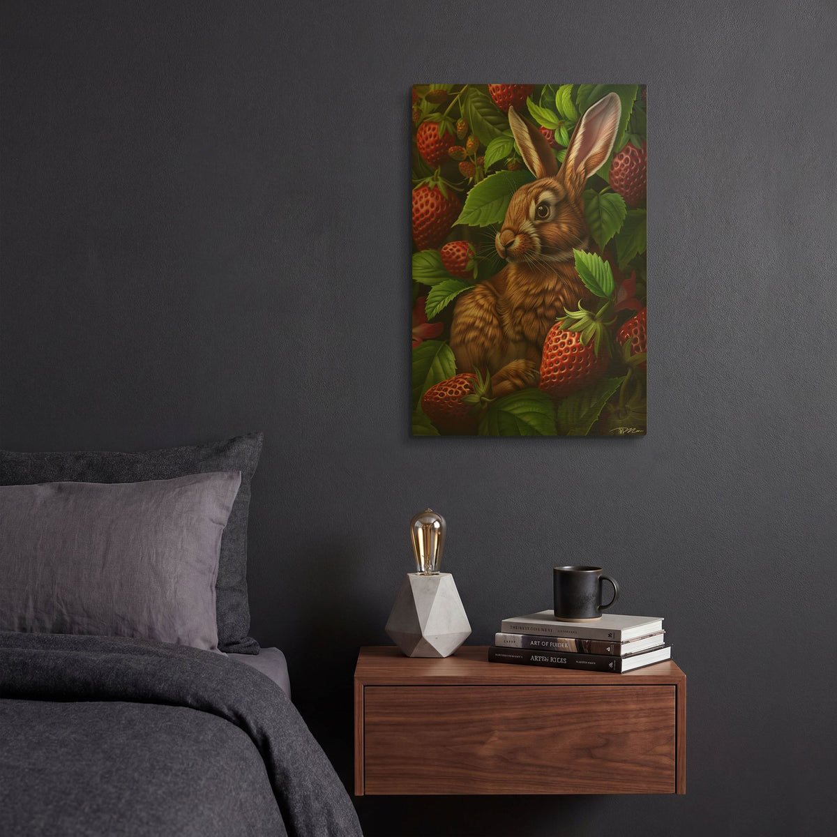 'Rabbit Among The Strawberries' By Momart Gold Metal Wall Art
