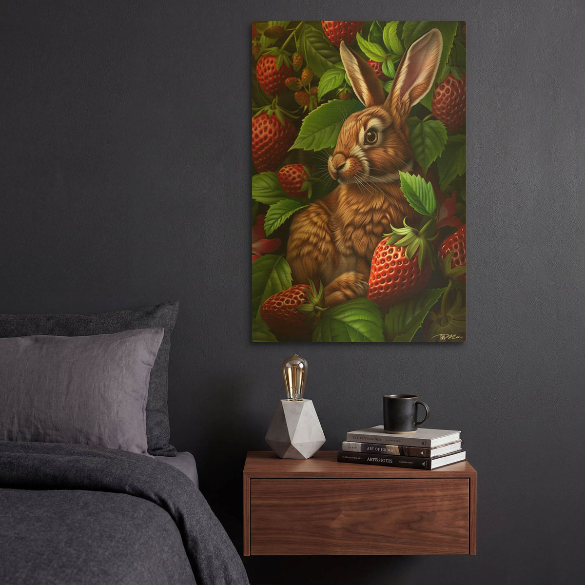 'Rabbit Among The Strawberries' By Momart Gold Metal Wall Art
